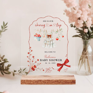 Cherry On Top Pink Bow Baby Girl Shower Welcome  Acrylic Sign