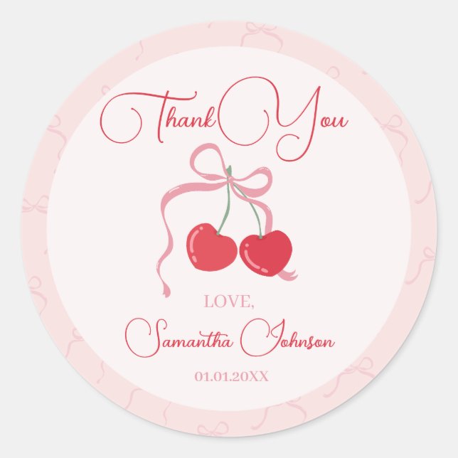 Cherry on Top Pink Bow Baby shower Classic Round Sticker (Front)
