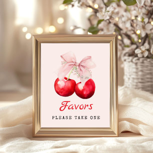 Cherry on Top Pink Bow Baby Shower Favours Poster