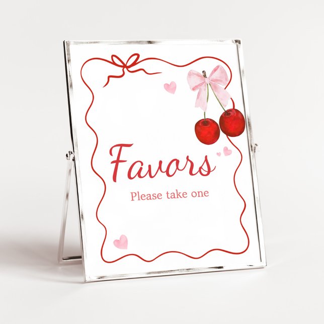 Cherry on Top Pink Bow Baby Shower Favours Poster (Cherry on Top Baby Shower Favors Sign)