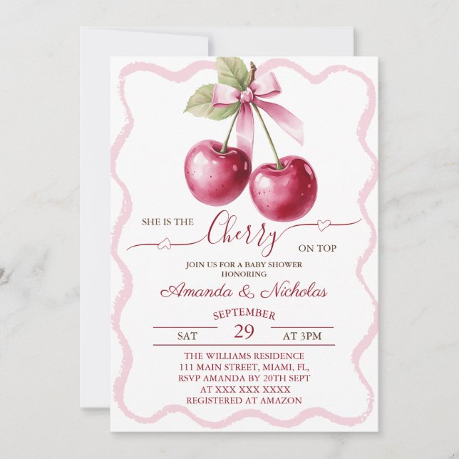 Cherry On Top Pink Bow Baby Shower  Invitation (Front)