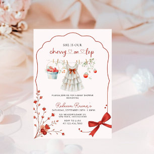 Cherry on Top Pink Bow Baby Shower Invitation
