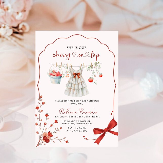  Cherry on Top Pink Bow Baby Shower Invitation (Creator Uploaded)