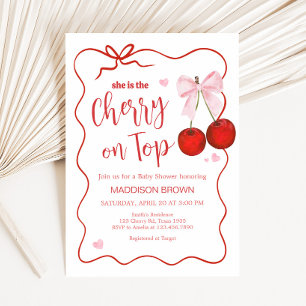 Cherry on Top Pink Bow Baby Shower Invitation
