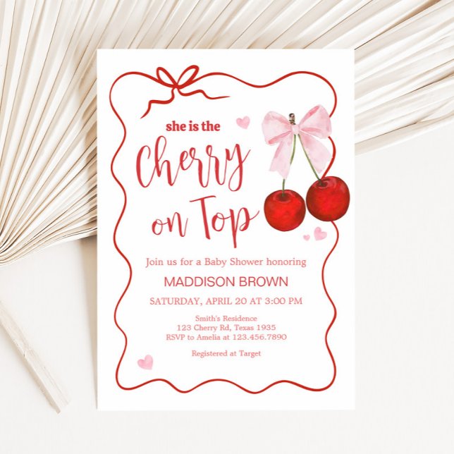 Cherry on Top Pink Bow Baby Shower Invitation (Cherry on Top Baby Shower Invitation)