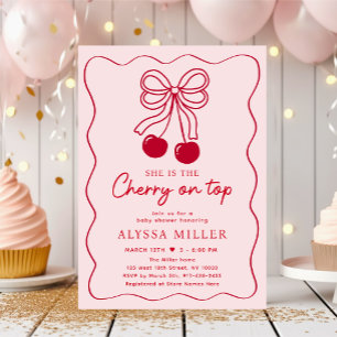 Cherry on Top Pink Bow Baby Shower Invitation