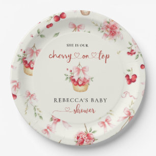 Cherry on Top Pink Bow Baby Shower Paper Plate
