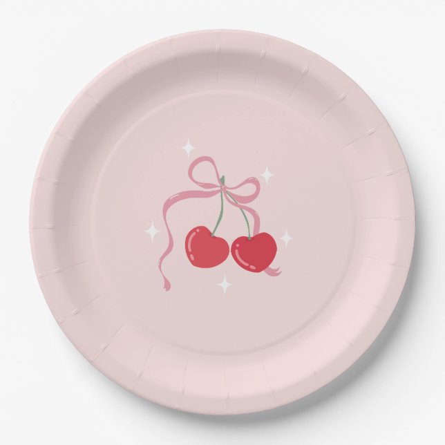 Cherry on Top Pink Bow Baby shower Paper Plate (Front)