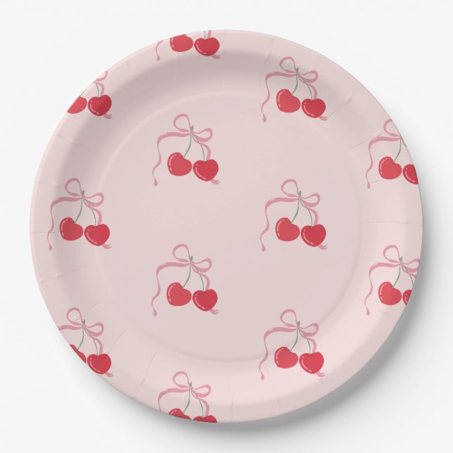 Cherry on Top Pink Bow Baby shower Paper Plate (Front)