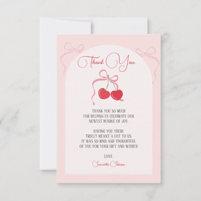 Cherry on Top Pink Bow Baby shower Thank You Card (Front)