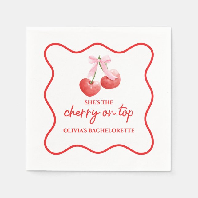 Cherry on Top Pink Bow Bachelorette Napkin (Front)