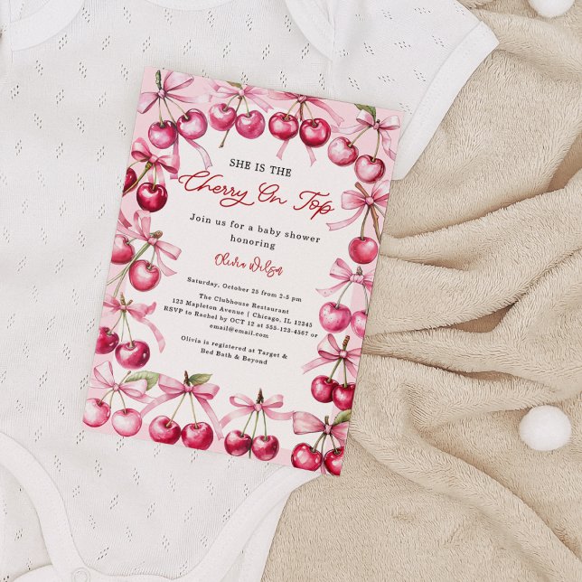 Cherry on top Pink bow berries Baby Girl Shower Invitation (Cherry Baby Shower Invitation – Pink Bow & Berries Coquette Girl Baby Shower Invite)