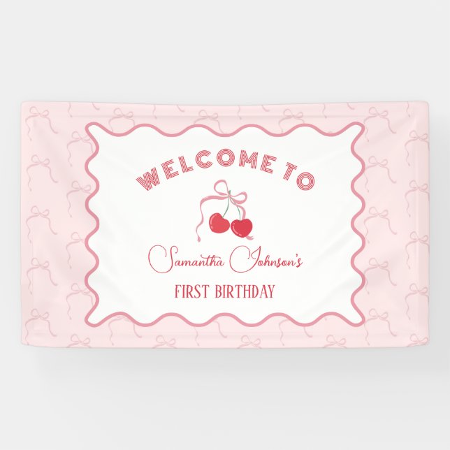 Cherry on Top Pink Bow Birthday  Banner (Horizontal)