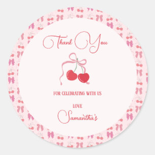 Cherry on Top Pink Bow Birthday  Classic Round Sticker