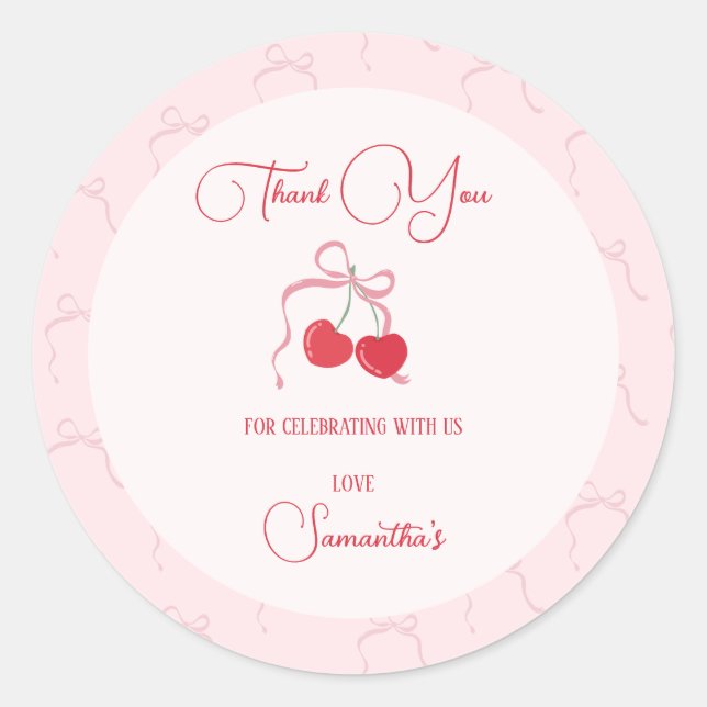 Cherry on Top Pink Bow Birthday  Classic Round Sticker (Front)