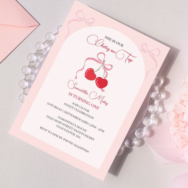Cherry on Top Pink Bow Birthday  Invitation (Creator Uploaded)