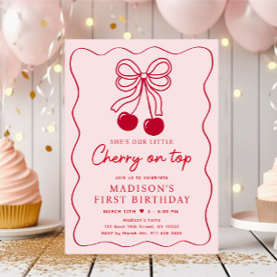 Cherry on Top Pink Bow Birthday Invitation