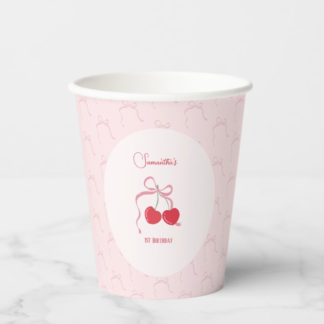Cherry on Top Pink Bow Birthday  Paper Cups (Front)