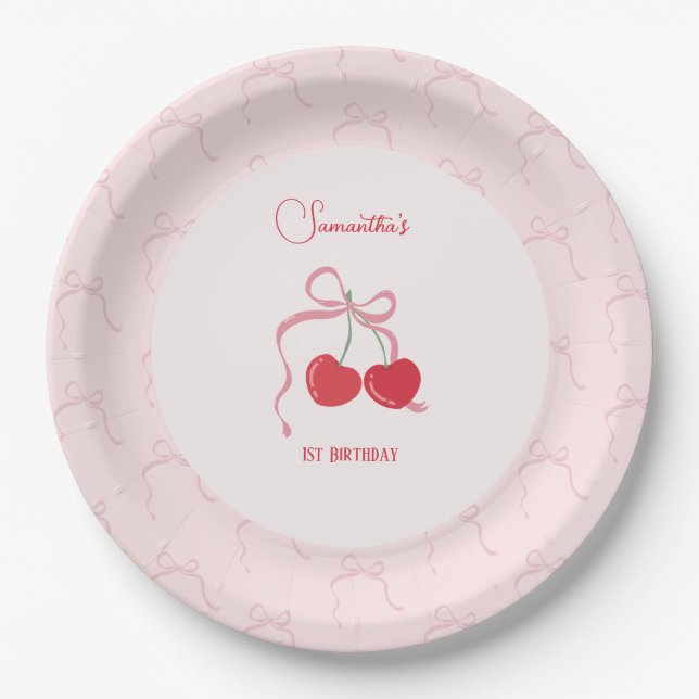 Cherry on Top Pink Bow Birthday  Paper Plate (Front)