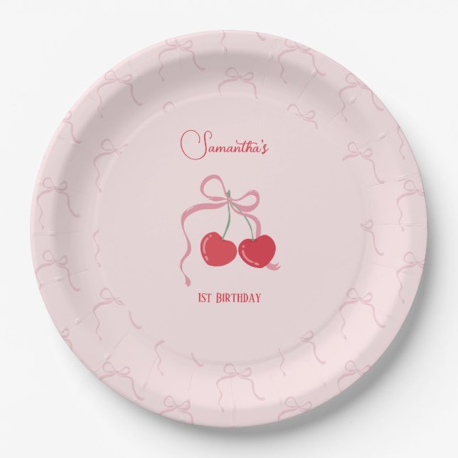 Cherry on Top Pink Bow Birthday  Paper Plate (Front)
