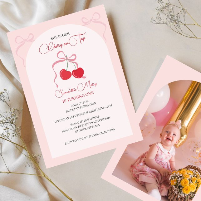 Cherry on Top Pink Bow Birthday Photo  Invitation (Creator Uploaded)