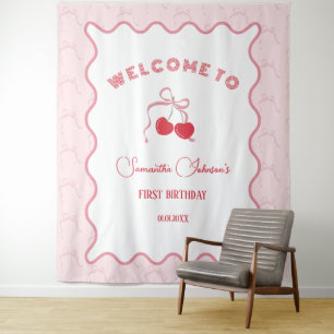 Cherry on Top Pink Bow Birthday  Tapestry