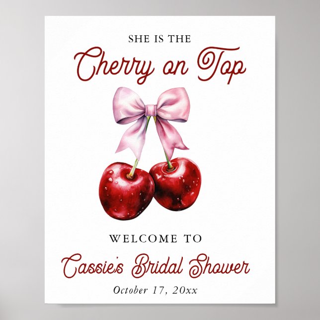 Cherry On Top Pink Bow Bridal Shower Welcome Sign (Front)