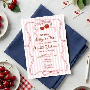 Cherry on Top Pink Bow Classy Stripes Baby Shower Invitation