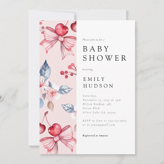 Cherry on Top Pink Bow Coquette Baby Shower Invitation (Front)