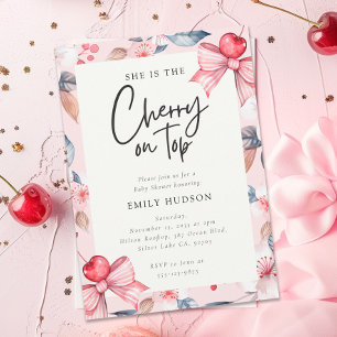 Cherry on Top Pink Bow Coquette Baby Shower Invitation