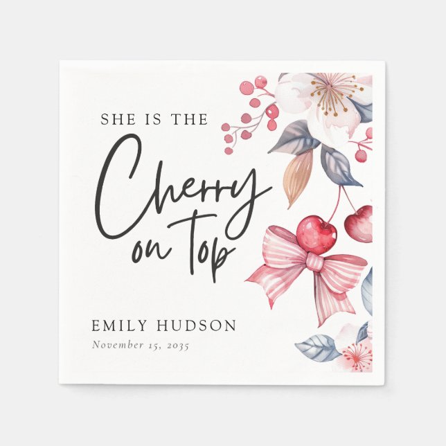 Cherry on Top Pink Bow Coquette Baby Shower Napkin (Front)