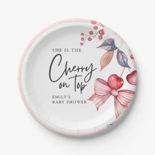Cherry on Top Pink Bow Coquette Baby Shower Paper Plate