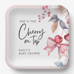Cherry on Top Pink Bow Coquette Baby Shower Paper Plate
