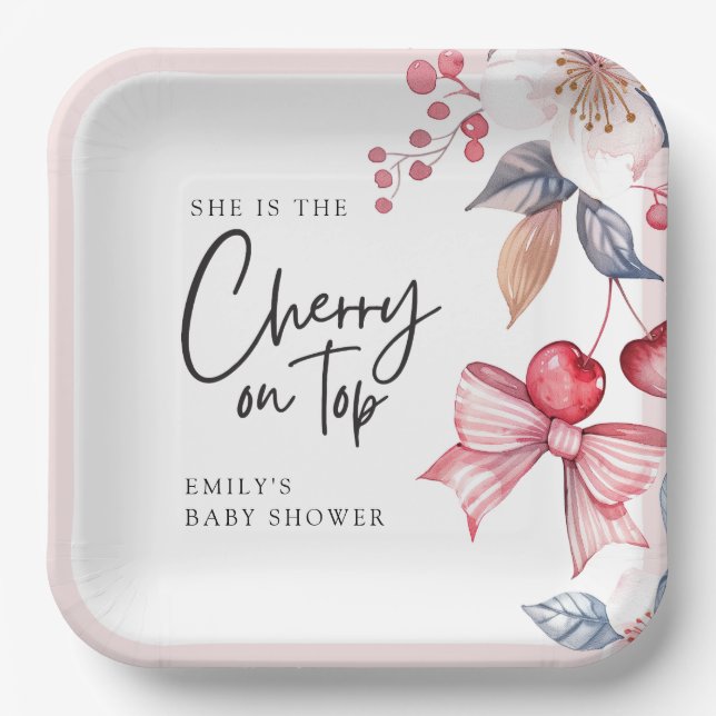 Cherry on Top Pink Bow Coquette Baby Shower Paper Plate (Front)