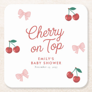 Cherry on Top Pink Bow Coquette Baby Shower Square Paper Coaster