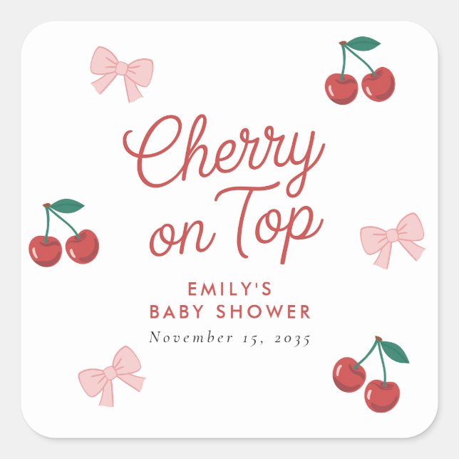 Cherry on Top Pink Bow Coquette Baby Shower Square Sticker (Front)