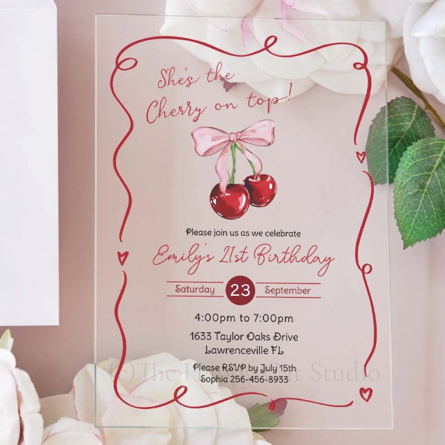 Cherry on Top Pink Bow Coquette Birthday Acrylic Invitations (Creator Uploaded)