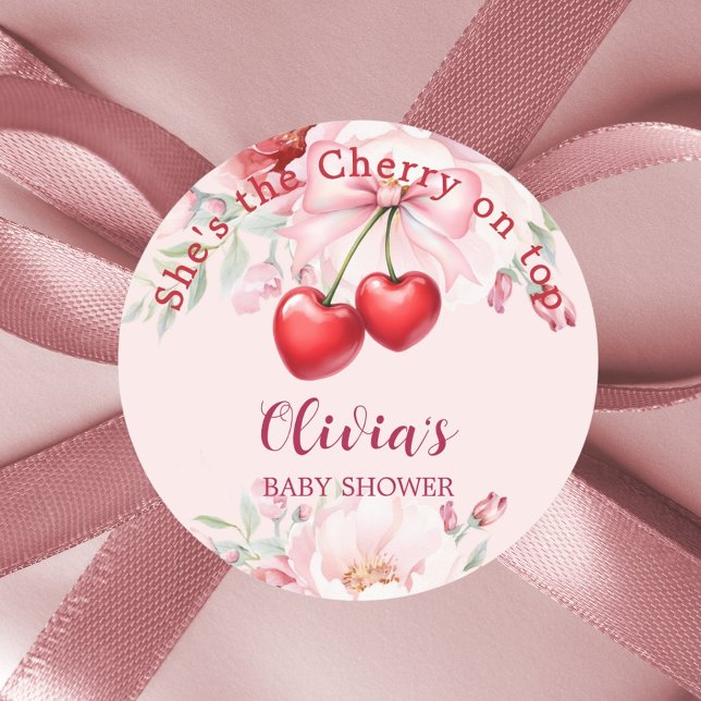 Cherry on top pink bow florals Baby Shower Classic Round Sticker (Creator Uploaded)