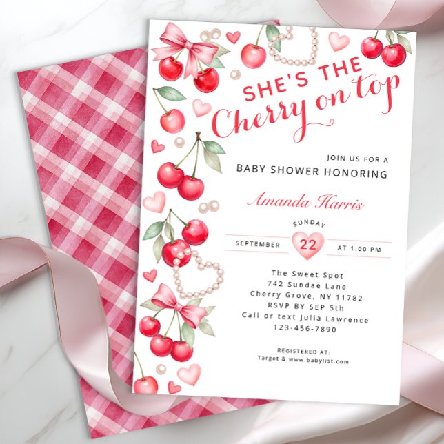 Cherry on Top – Pink Bow & Gingham Baby Shower  Invitation (Cherry Themed Baby Shower)