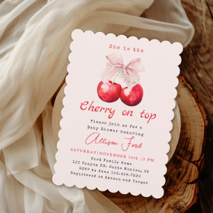 Cherry on Top Pink Bow Girl Baby Shower Invitation