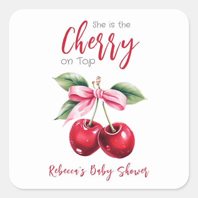 Cherry on Top Pink Bow Girl Baby Shower Square Sticker (Front)