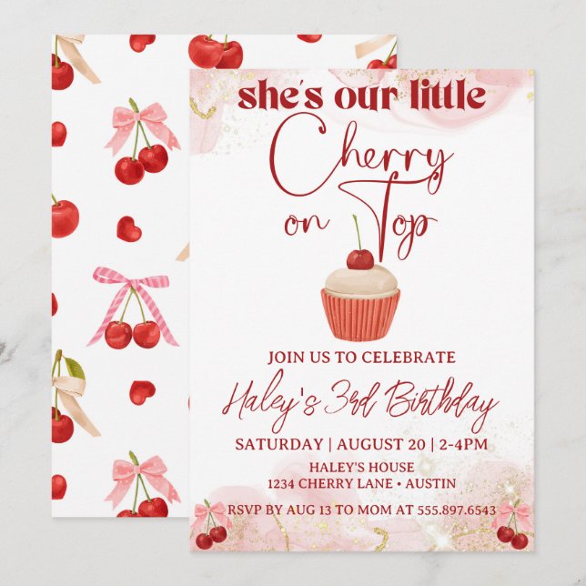 Cherry On Top Pink Bow Girl Birthday Invitation (Front/Back)