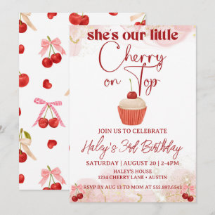 Cherry On Top Pink Bow Girl Birthday Invitation