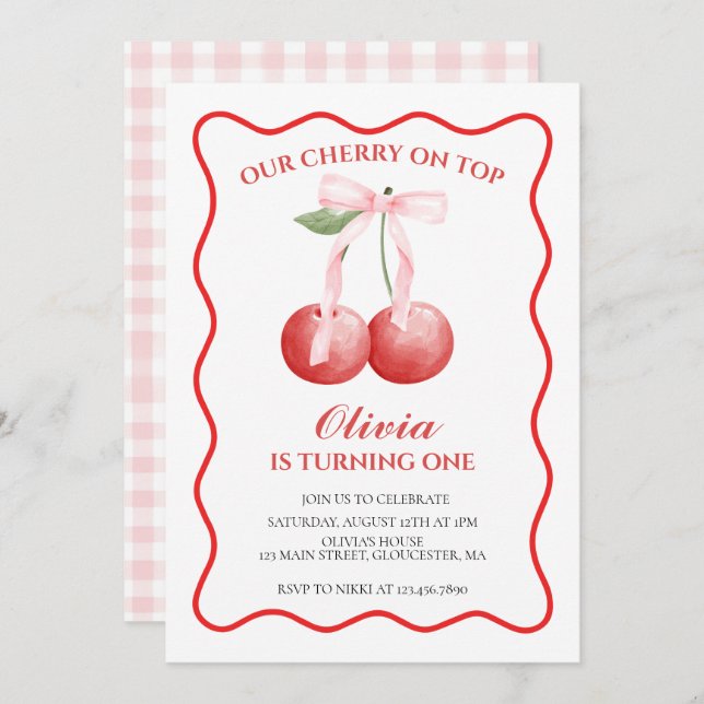 Cherry on Top Pink Bow preppy 1st birthday Invitation (Front/Back)