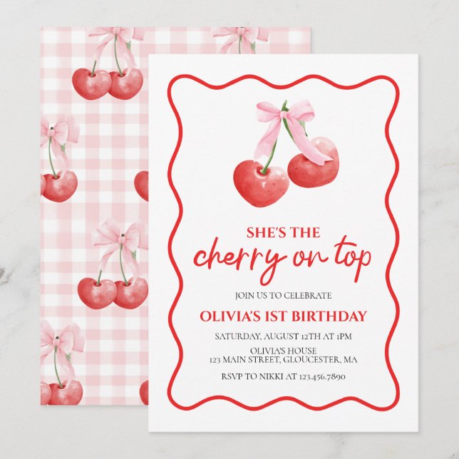 Cherry on Top Pink Bow preppy birthday Invitation (Front/Back)