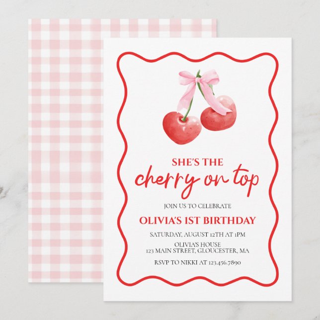Cherry on Top Pink Bow preppy birthday Invitation (Front/Back)