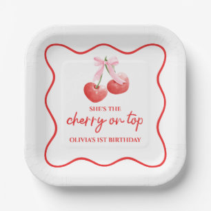Cherry on Top Pink Bow preppy birthday Paper Plate