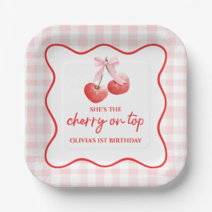 Cherry on Top Pink Bow preppy birthday Paper Plate