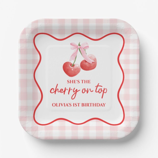 Cherry on Top Pink Bow preppy birthday Paper Plate (Front)