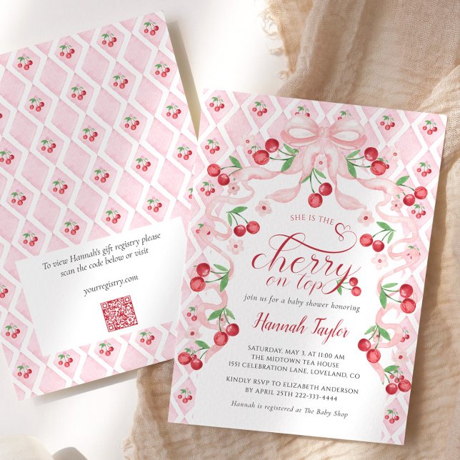 Cherry on Top Pink Bow QR Code Baby Shower Invitation (Creator Uploaded)